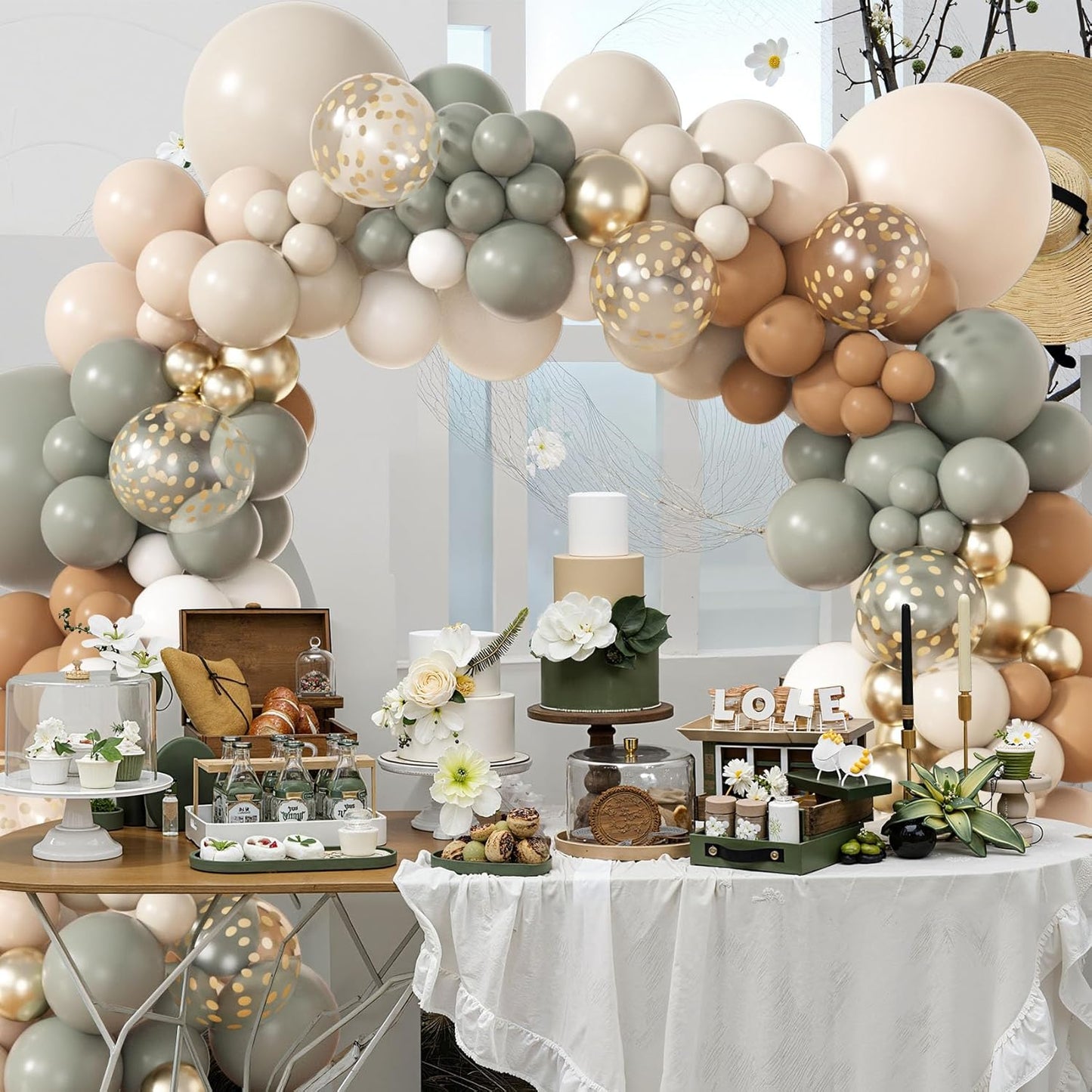 Amandir 173Pcs Dusty Green Nude Balloon Arch Garland Kit, Blush Cream White Sand Avocado Green Brown Gold Confetti Balloons for Neutral Baby Shower Gender Reveal Wedding Birthday Party Decorations
