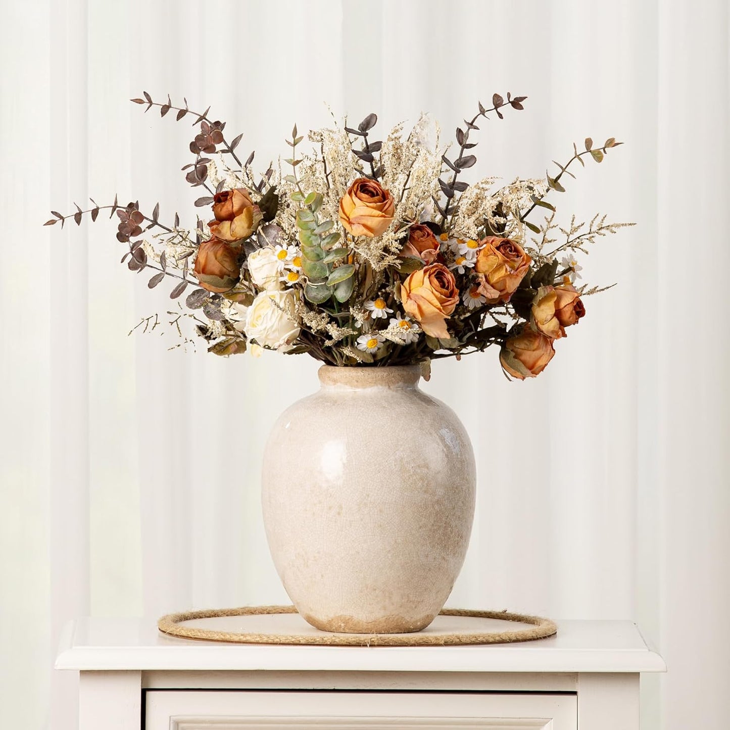 Ceramic Rustic Vase, White Vintage Flower Decorative Vase Chinoiserie Decor Rustic Farmhouse Retro Floral Vases for Table Bookshelf Mantel Kitchen Living Room Office - 7.8inch White