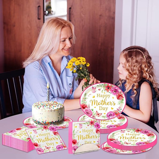 Mothers Day Party Decorations,100pcs Oval Mother's Day Plates and Napkins Floral Disposable Mother Day Tableware Set for Happy Mothers Day Party Supplies,Serve 50