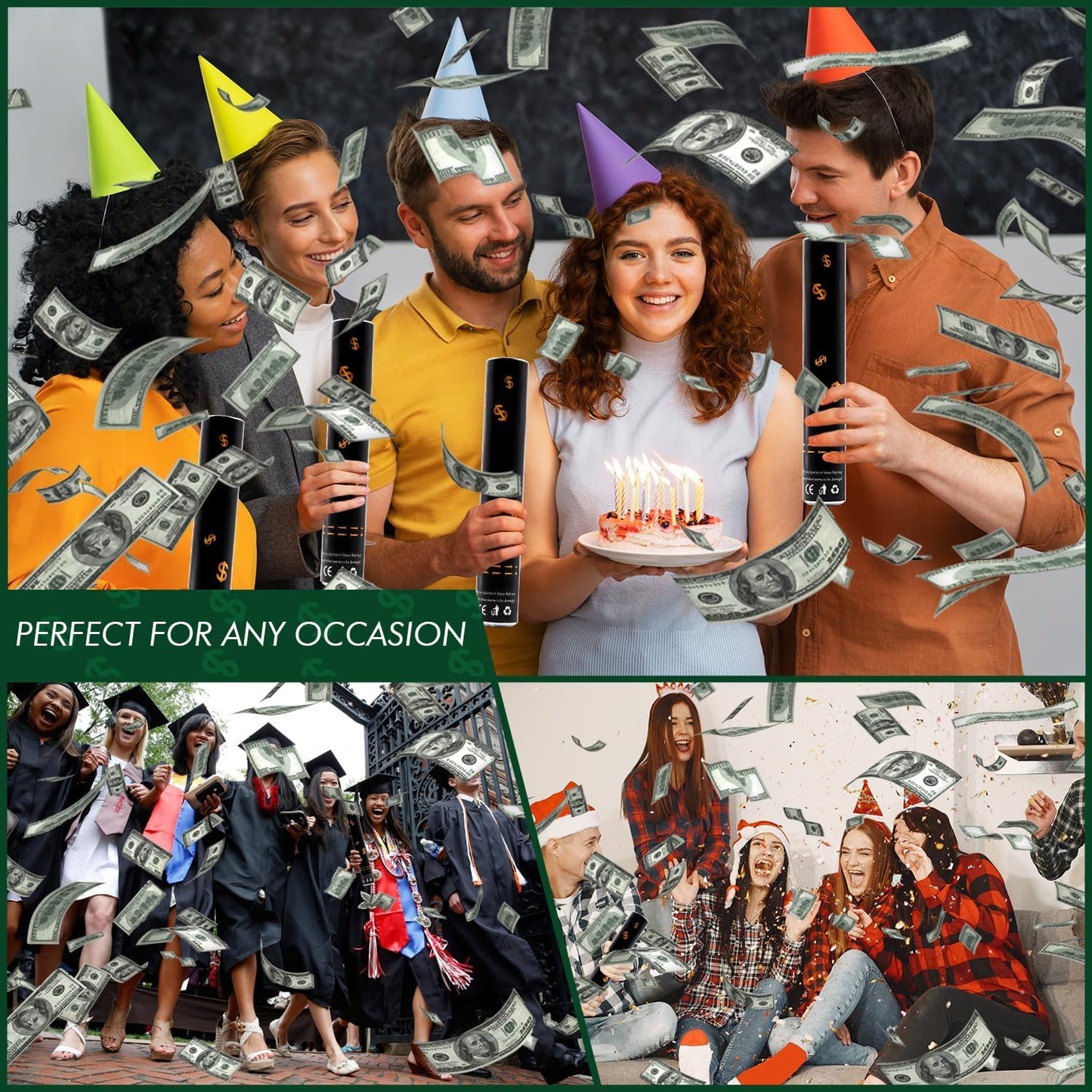 Confetti Cannon Party Poppers 12 Pack 100 Dollar Bill Money Paper Make it Rain 12 inch Confetti Shooters Bill Launcher for Business Signing Opening Activities Birthday Party Celebration