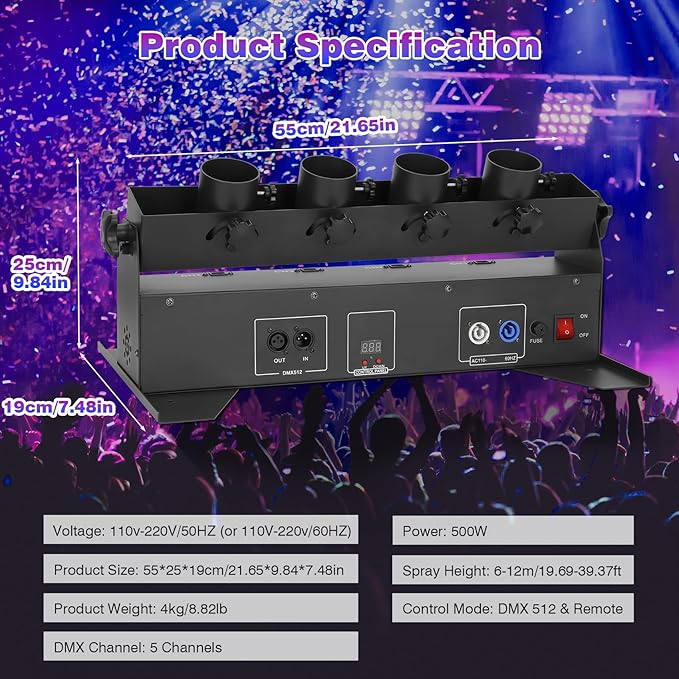 Professional Confetti Launcher Cannon Machine, 4-Shot Electric Confetti Machine with Remote/DMX Control & Adjustable Angle, Perfect Partner for Party, Wedding, DJ Nightclub, Stage, Christmas