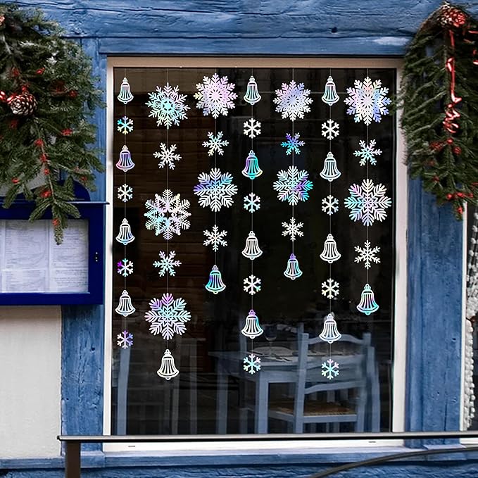 40 Ft Snowflakes Party Decorations Iridescent Snowflakes Bell Garland Holographic Big Snowflakes Hanging Streamer Backdrop for Winter Wonderland Christmas Holiday Birthday Home Window Wall Room Decor
