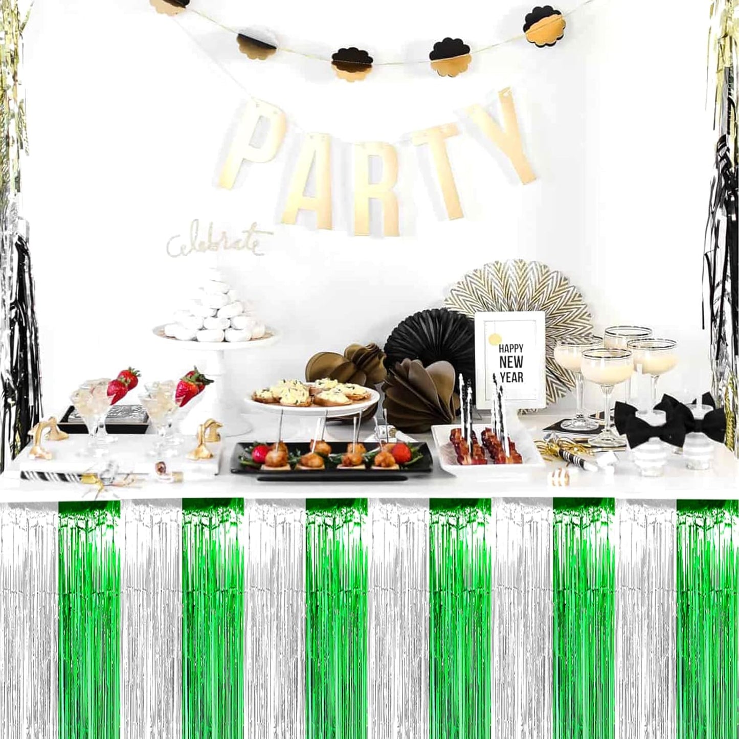 6 Pack 29x108 Inch Metallic Foil Fringe Table Skirts Banner for Tinsel Streamer Garland Curtains Backdrop for Parade Floats Wedding Birthday Mardi Gras, St Patrick Day Party Decorations(Silver Green)