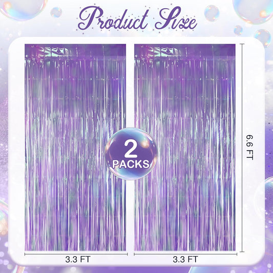 2 Pack Purple Iridescent Streamers Backdrop, 3.3x6.6ft Foil Fringe Curtains Lavender Holographic Door Tinsel Streamers for Birthday, Wedding, Holiday, Bachelorette, Theme Party Decorations