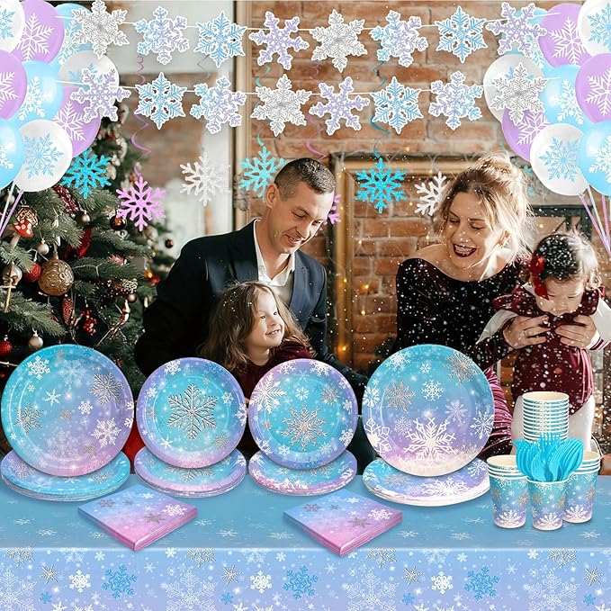 149Pcs Winter Snowflake Wonderland Paper Plates and Napkins Set,Frozen Birthday Party Decorations,for Christmas Winter Holiday New Year Party Supplies,Serves 24