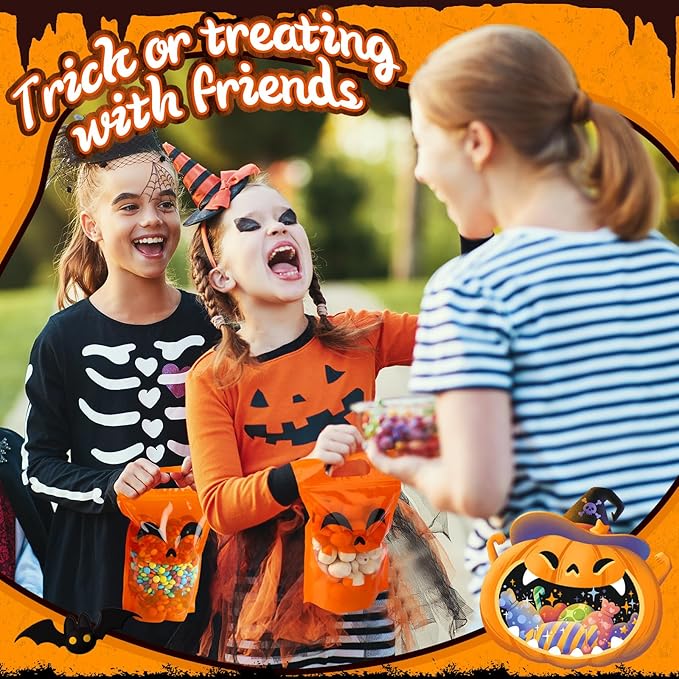 Blosssound 50 Pcs Halloween Plastic Bags Trick or Treat Sealed Bags with Handles Pumpkin Favor Pouches for Home Trick or Treat Party Candy Guests Gift Wrapping Supplies Decor (Halloween)