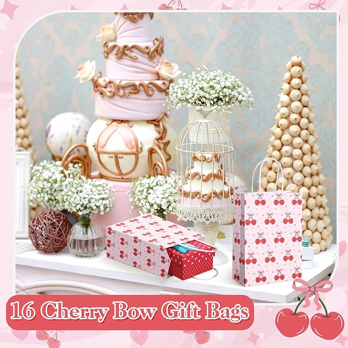 Kolldenn 16 Pcs Coquette Cherry Bow Paper Gift Bags Women Mother's Day Birthday Favor Goodie Candy Bags with Handles for Bridal Engagement Baby Shower Party Supplies