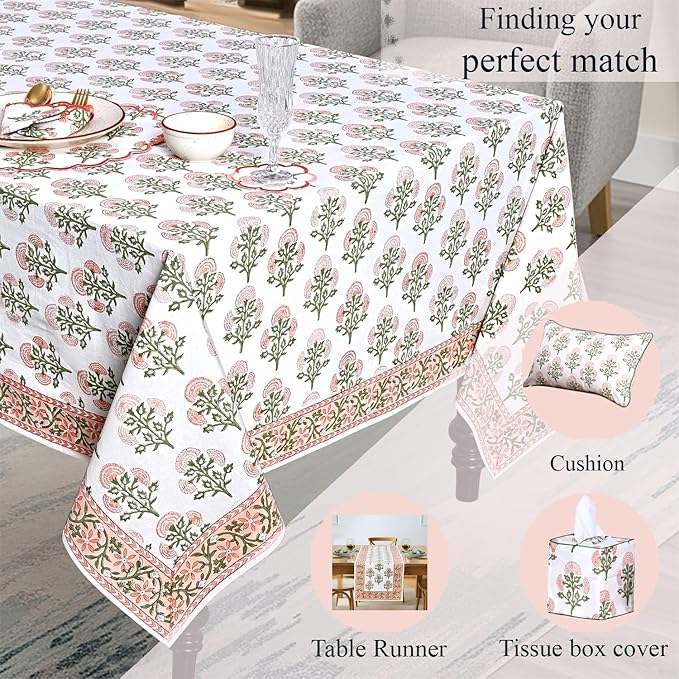 Ridhi Hand Block Print Mughal Buta Peach Rectangle Cotton Tablecloth 108" x 70" Reusable Table Cover Decorative Everyday Use for Dining, Farmhouse, Home Gift for Spring, Easter, Valentine