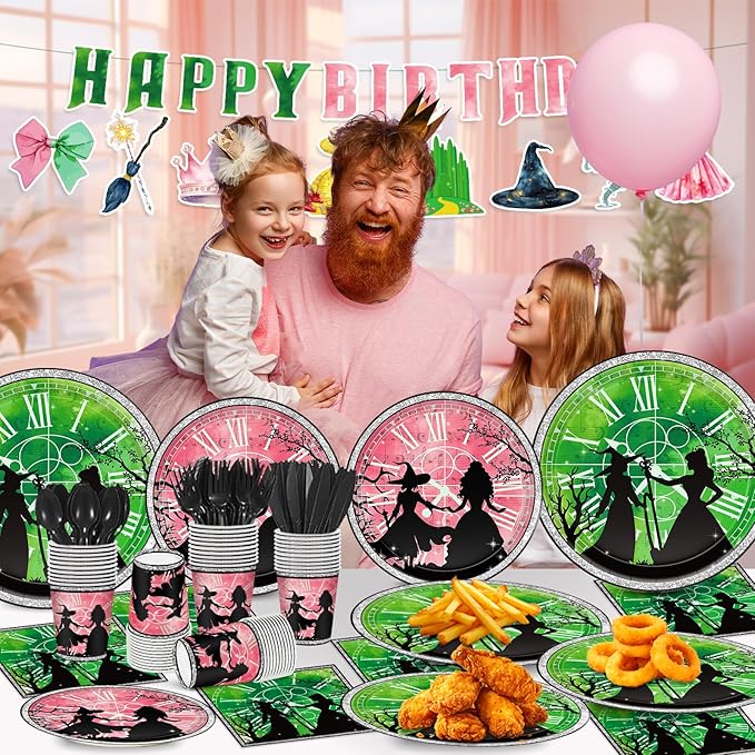 169Pcs Pink and Green Witch Birthday Decorations, Include Plates Napkins Cups Banner Knives Forks Spoons, Serve 24