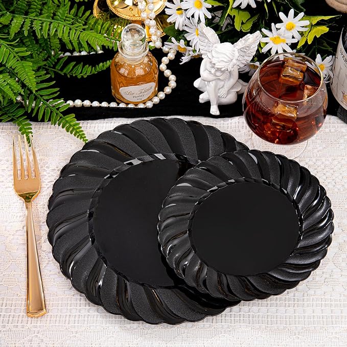 U-QE 100PCS Black Plastic Plates, Heavy Duty Black Disposable Plates Including 50PCS 9inch Dinner Plates & 50PCS 6.5inch Dessert Plates -Hard Plastic Plates for Party Wedding Bridal Shower