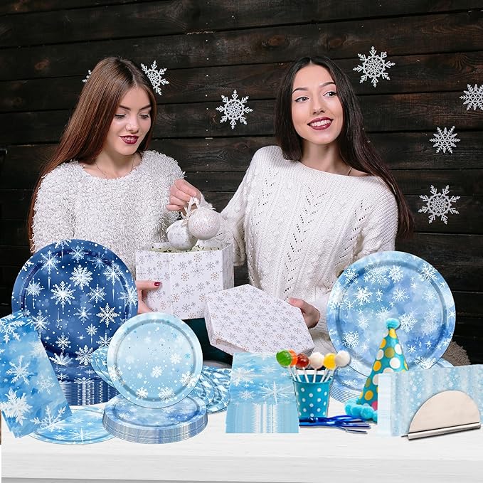 Winter Party Decorations Tableware, 60Pcs snowflake party decorations includes Snowflake Plates and Napkins, Snowflake Winter Wonderland Plates and Napkins for Winter Holiday Christmas Decorations