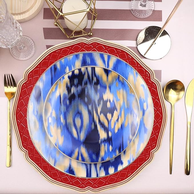 Red Scallop Charger Plates, Set of 6 Plastic Wedding Bulk Plate Charges for Dinner Plates, Table Decoration, Holiday, Thanksgiving, Christmas.