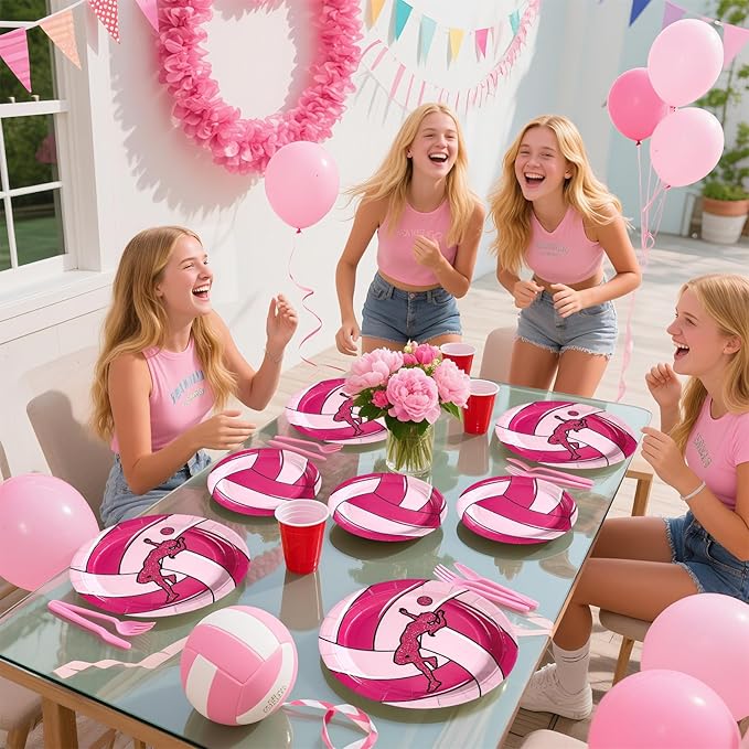 Grencian 96Pcs Pink Volleyball Party Supplies Volleyballs Paper Plates and Napkins Sports Birthday Party Disposable Tableware for Girl Volleyball Birthday Decorations Serves 24