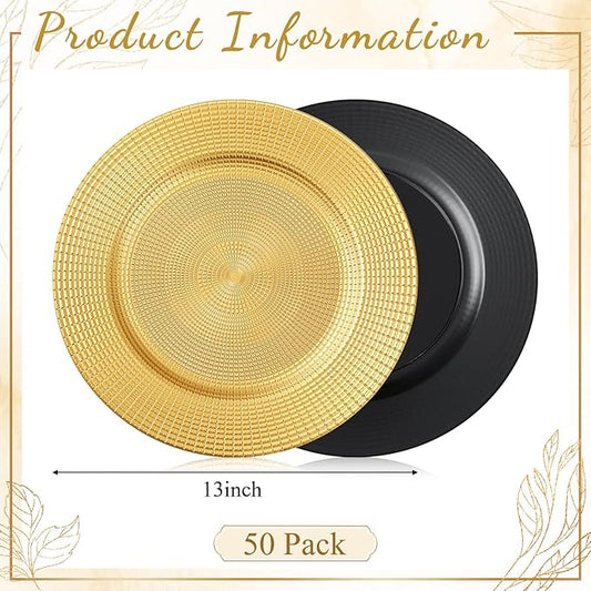50 Pack Gold Charger Plates Bulk for Dinner Plates, 13" Round Chain Shaped Service Chargers Bulk, Plastic Wedding Chargers for Christmas Thanksgiving Party Wedding Birthday Anniversary