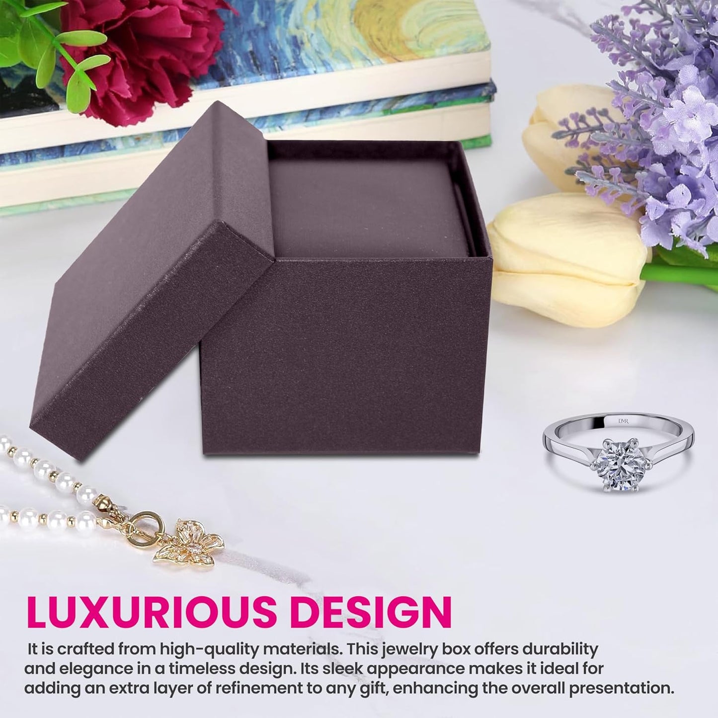 Novel Box Purple Jewelry Box for Rings 2.37x2.37x1.87 Inches - Slot Ring Gift Box for Proposal Wedding Engagement - Faux Leatherette Jewelry Display Box - Gift Presentation Boxes for Rings