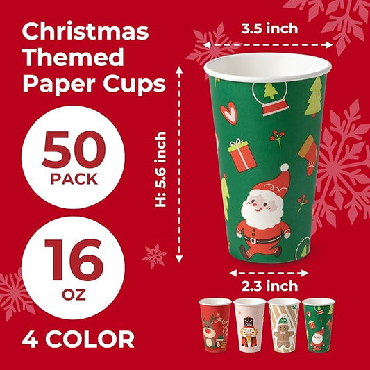 Fit Meal Prep 50 Pack 16 oz Christmas Disposable Coffee Cups, Durable Thickened Christmas Paper Cups for Hot Beverage Chocolate Tea Cocoa, Xmas Party Cups for Kids, Adult, Party, Holiday