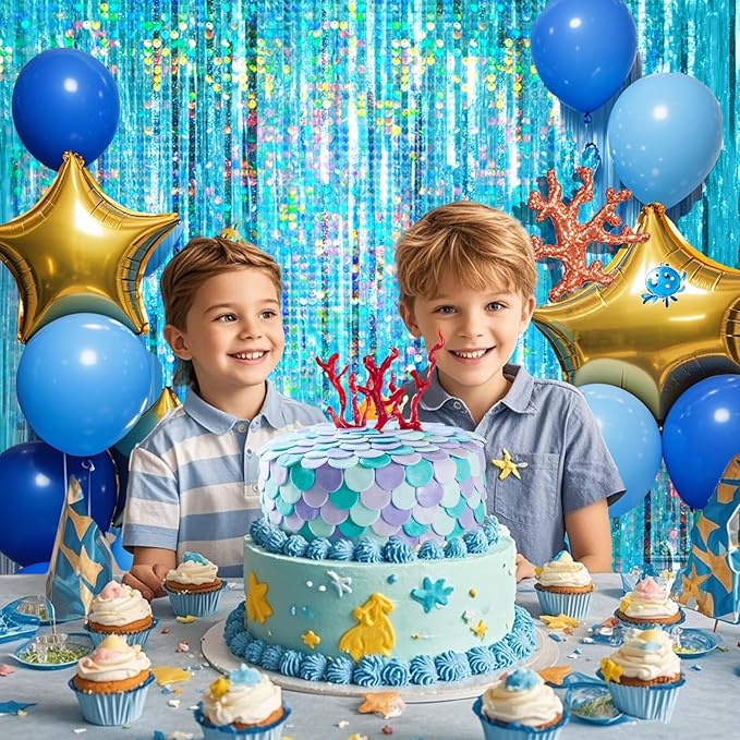 4 Packs Blue Foil Fringe Curtain, Light Blue Glitter Metallic Tinsel Backdrop for Birthday, Wedding, Baby Shower, Bachelorette, Ocean, Princess Party Decorations Supplies