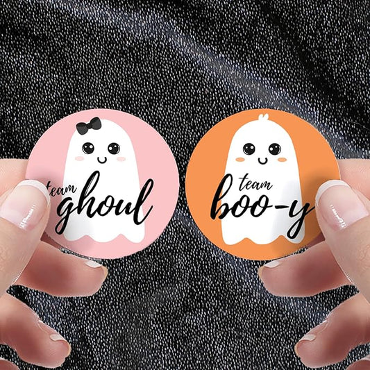 Halloween Gender Reveal Party Stickers 40ct – Team Boo-y or Team Ghoul Little Ghost Design in Orange & Pink