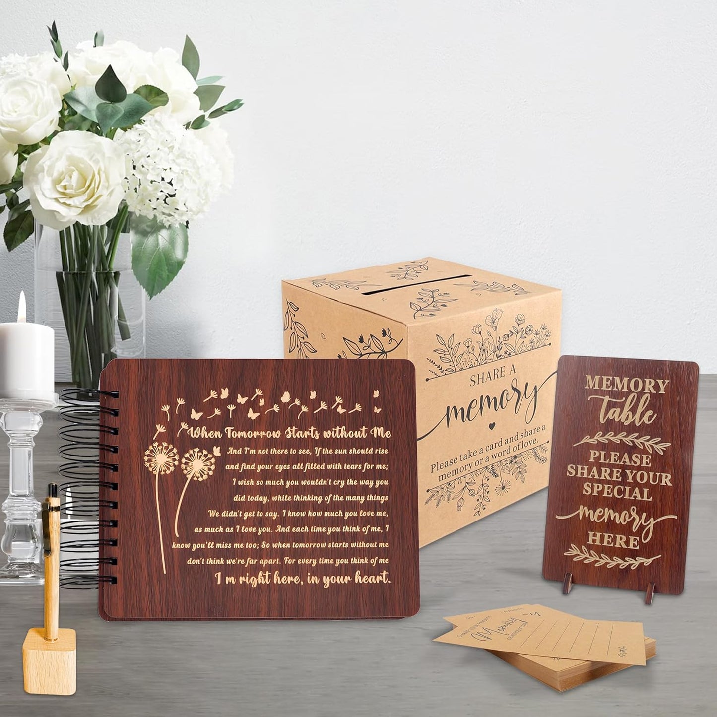 PREKIAR Funeral Guest Book Set Wooden Guest Books for Memorial Service Celebration of Life in Loving Memory with 50pcs Share a Memory Card Cards Box Table Sign and Pen (Brown- Guest Book Set #3)