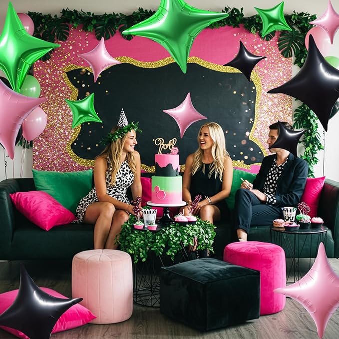 TONIFUL 30Pcs 26In&10In Star Balloons Light Pink Green Black Four Pointed Foil Mini Star Mylar Balloons for Birthday Wedding Baby Shower Anniversary Engagement Party Decor Supplies
