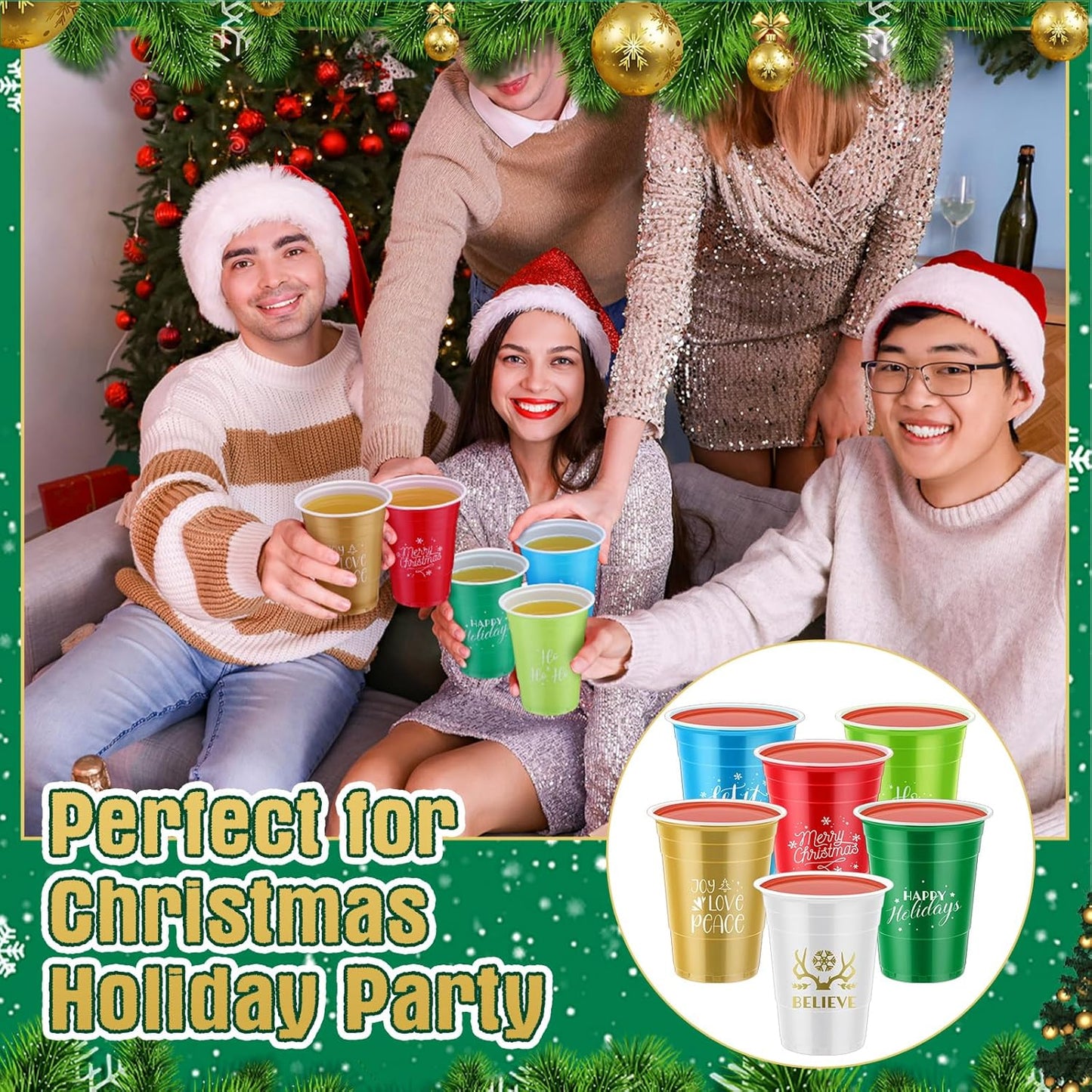 Sliner 120 Pcs 16 oz Christmas Plastic Disposable Cups Bulk Snowflake Elk Star Christmas Tree Drinking Cups for Xmas Birthday Party Supplies (Multicolor)