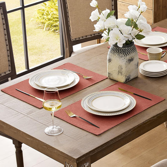 Romanstile Cloth Placemats Set of 4-12 x 18 Inch, Heat Resistant Double Layered Thickened Burlap Fall Place Mats, Washable Faux Linen Farmhouse Table Mats for Kitchen/Dining/Party/Outdoor, Orange