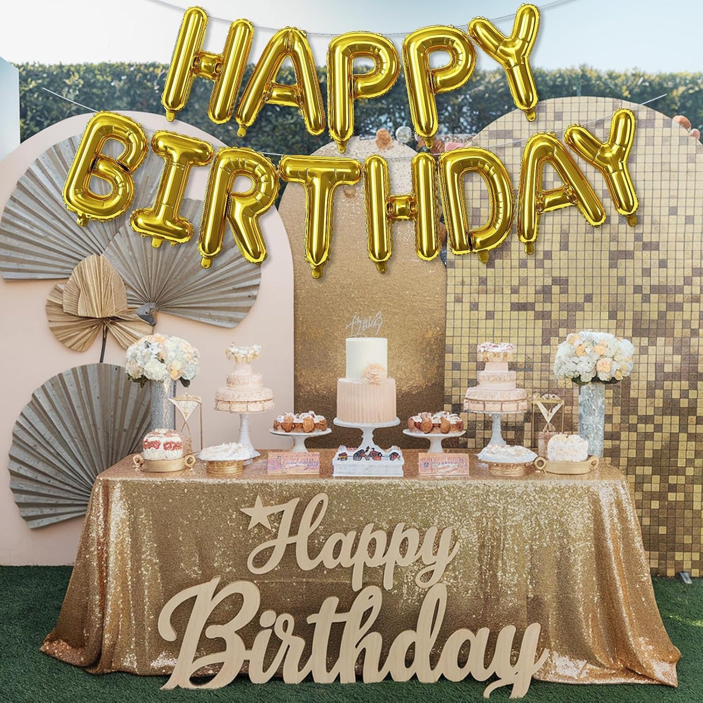 Gold Happy Birthday Mylar Foil Balloon Banner, 16 Inch Letter Balloons Bunting for Women, Men, Girls, Boys Birthday Party Decorations