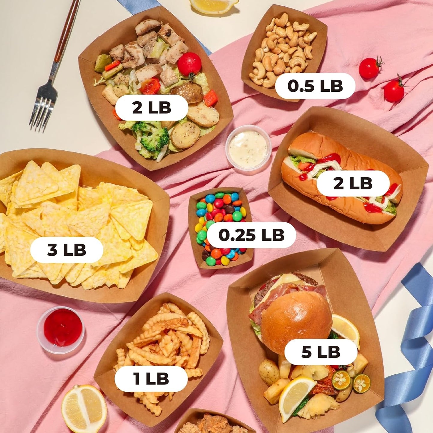 Fit Meal Prep [250 Pack 0.25 lb Paper Food Boats Heavy Duty Disposable Food Trays, Kraft Brown Nacho Tray for Parties Fairs Picnics Carnivals, Holds Sause Candies Nut Grease Resistant