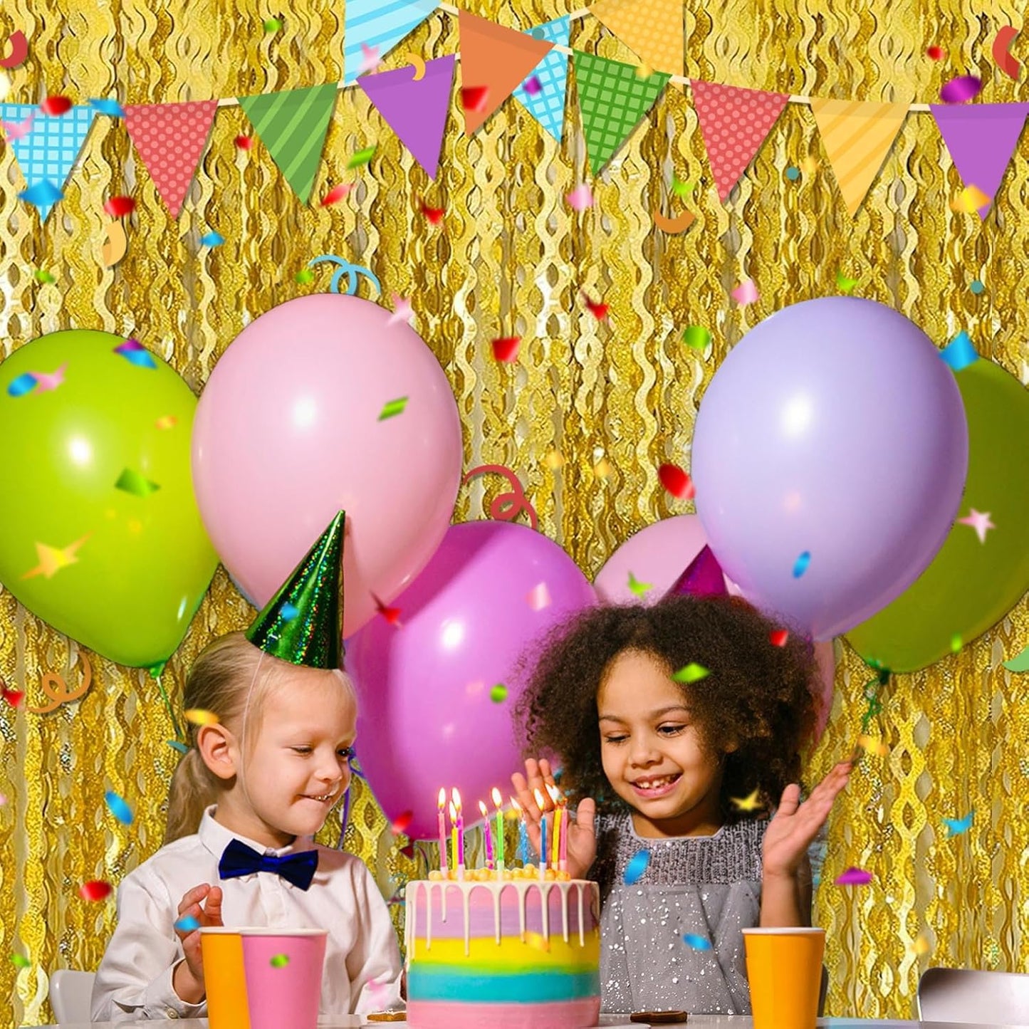 4 Pack Gold Fringe Curtain Backdrop 3.2Ft x 8.2Ft Metallic Tinsel Foil Fringe Streamers Background for Photo Booth, Easter, Mother's Day, Bachelorette, Wedding, Birthday Party Decoration