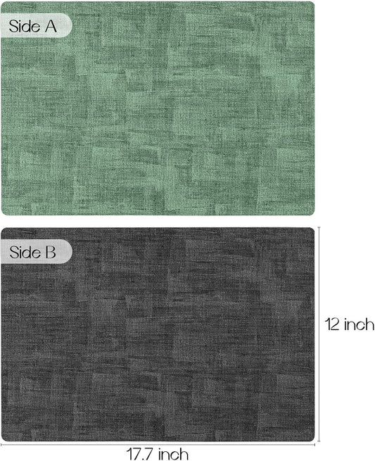 Romanstile Reversible Vinyl Placemats Set of 8, Faux Leather 100% Waterproof Oil-proof Wipeable Place Mats, Heat Resistant Dual Sided Table Mats for Kitchen/Dining/Party (Grey DarkGreen, 12 x 17 Inch)