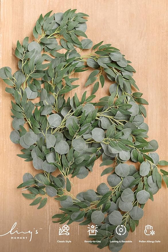 Ling's Moment Eucalyptus Garland for Table, 5.9ft Sage Fake Eucalyptus Wreaths with Willow, 2pcs Real Touch Leaf Garland for Wedding Centerpieces Arch Rehearsal Dinner Bridal Shower