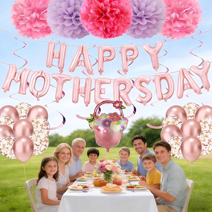 Mothers Day Decorations for Party - Mother's Day Decoration Pom-Poms Set Happy Mothers Banner & Balloon Kit with Pink and Light pruple, Rose Gold Confetti Balloons,Spiral Ornaments for Photo Backdrop & Party Decor