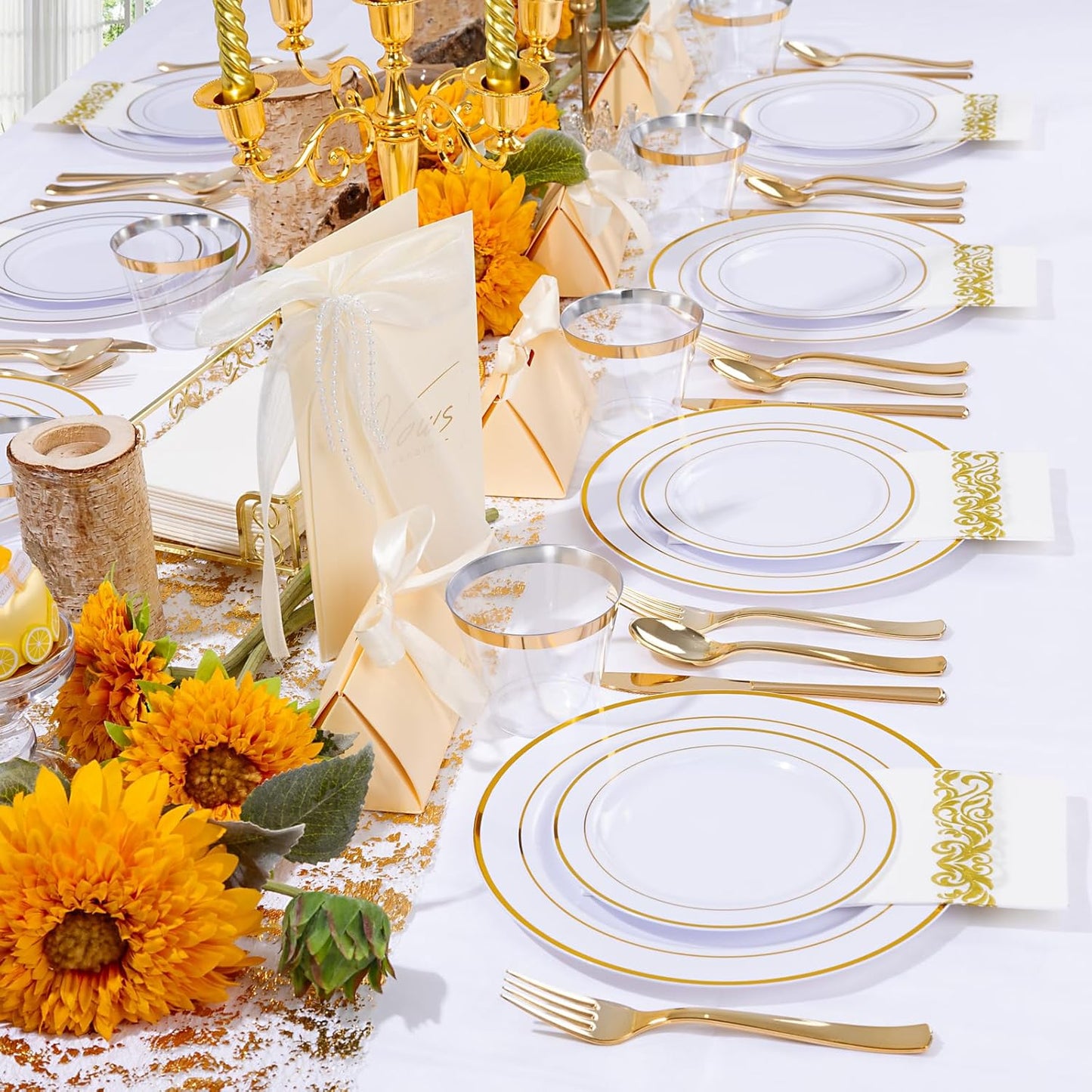 WELLIFE 700 Pieces Gold Plastic Dinnerware Set for 100 Guests - Includes Plates, Cups, Napkins, and Disposable Cutlery - Elegant White & Gold Design, Perfect for Parties and Events