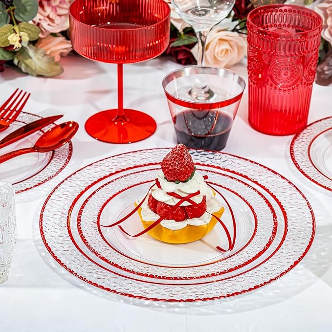 Ciaell 350 PCS Clear and Red Plastic Plates – Red Dinnerware Set for 50 Guests Include 100 Plastic Plates, 50 Pre Rolled Napkins with Cutlery Set, 50 Cups for Wedding & Party & Anniversary