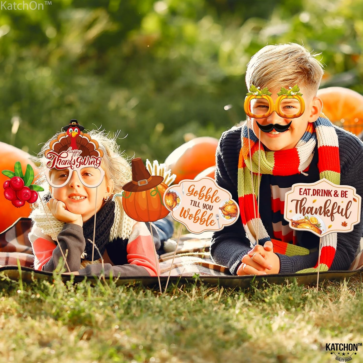 KatchOn, Happy Thanksgiving Photo Booth Props - Pack of 36 | Props for Thanksgiving Party Decorations | Fall Selfie Props, Fall Festival Decorations Indoor