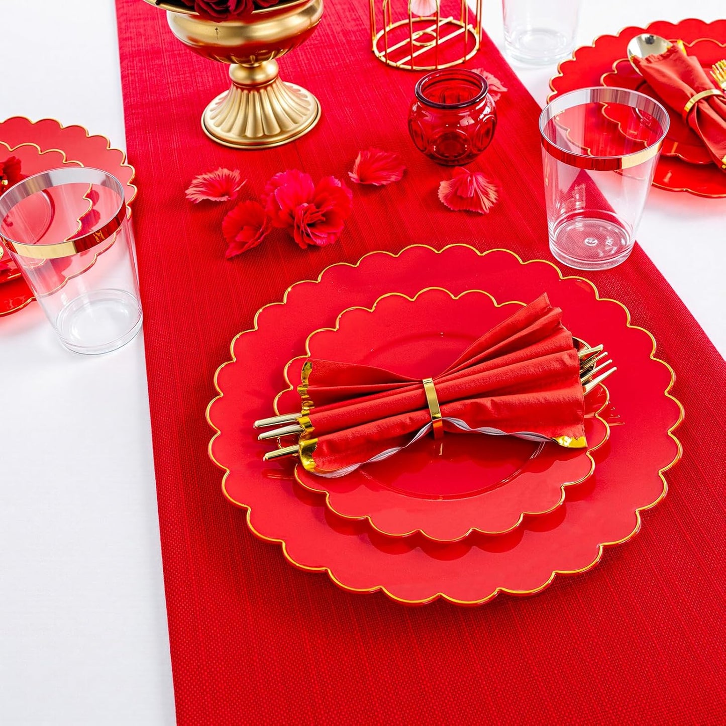 LIYH 210 Pcs Red Plastic Plates - Christmas Disposable Plates and Napkins Set, Gold Scalloped Plastic Plate Include Dinner & Dessert Plate, Silverware, Cups for Xmas Day 30 Guests
