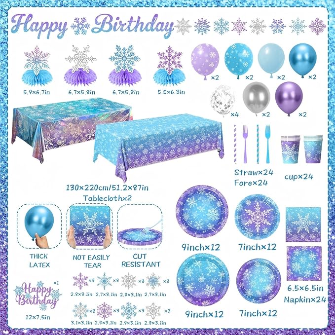 Winter Wonderland Birthday Party Decorations,Snowflake Paper Plates and Napkins, Snowflake Paper Cups,Tablecloth,Banner,Balloon,Cake Topper for Christmas Winter Birthday Party Supplies