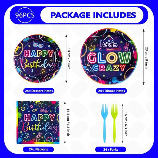 Grencian 96Pcs Neon Party Supplies Let's Glow Party Decorations Glow In The Dark Colorful Plates and Napkins Tableware Neon Birthday Decorations for Baby Shower Game Black Night Themed Favors Serve 24