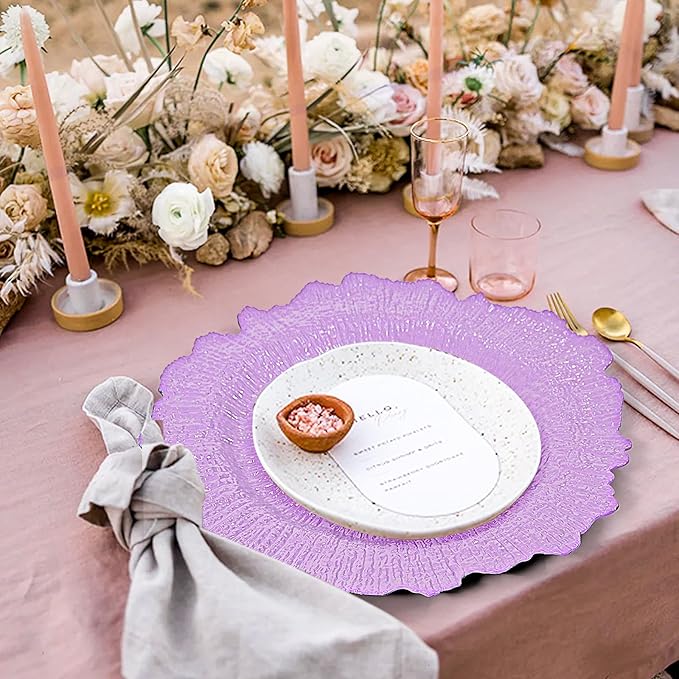 24 Pcs Lavender Charger Plates Bulk 13 Inch Plastic Charger Plates for Dinner Plate, Lavender Chargers for Table Setting, Reef Design Plate Floral Decorative Round Chargers for Wedding Party, Event