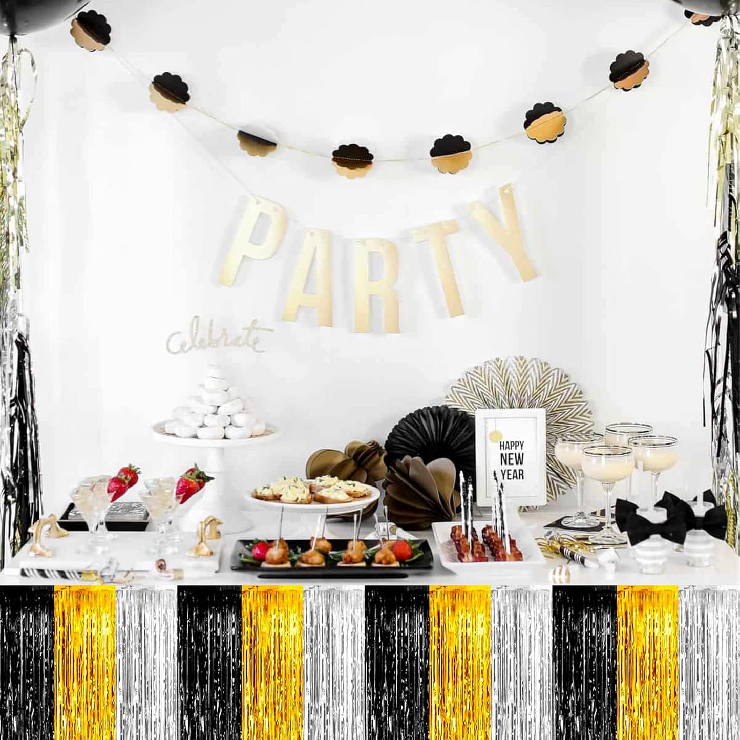 6 Pack 29x108 Inch 2024 New Year Metallic Foil Fringe Table Skirts Banner for Tinsel Streamer Garland Curtains Backdrop for Notorious One Birthday Roaring 20s Graduation Party Decorations