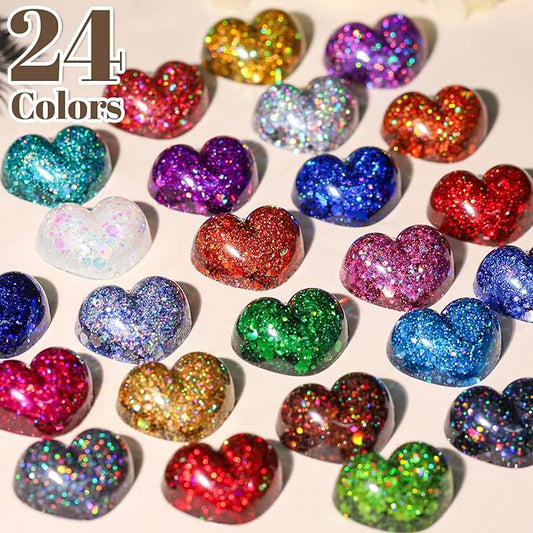 LEOBRO Glitter, 24 Jars Holographic Chunky Glitter for Crafts, Resin, Sequins for Crafts, Hair Face Body Makeup Nail, DIY Arts and Craft, Party Christmas Decorations