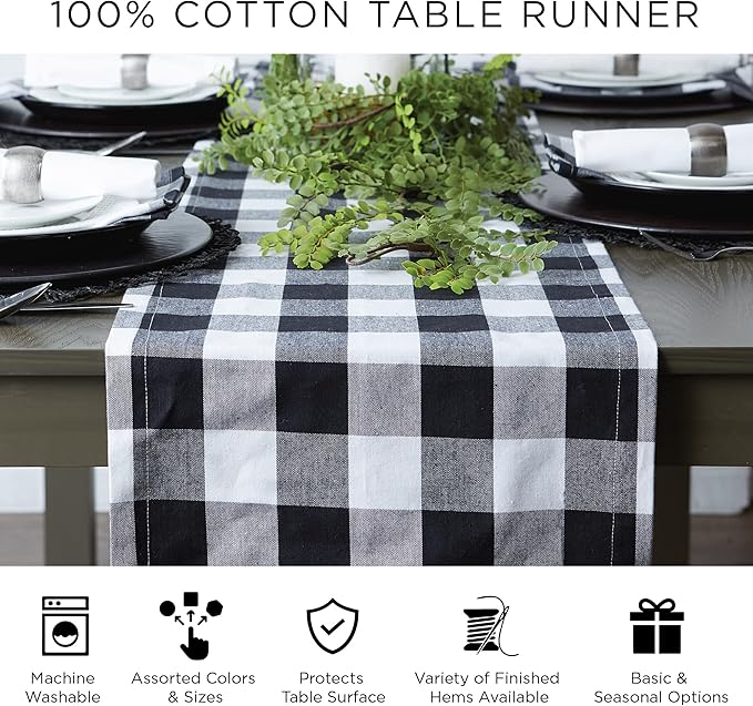 DII Farmhouse Braided Stripe Table Runner Collection, 15x72 (15x77, Fringe Included), Black
