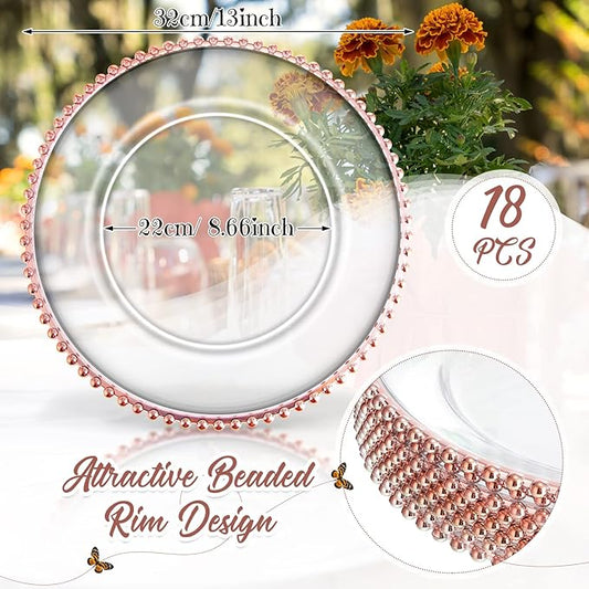 Zopeal 18 PCS Clear Charger Plates with Beaded Rim 13 Inch Plastic Round Charger Plates Bulk for Dinner Home Kitchen Wedding Party Tabletop(Rose Gold)