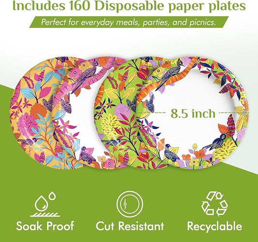 MUCHII 8.5 Inch Floral Bird Paper Plates 160 Count - 4 Vintage Designs, 40 Each - Decorative Disposable Dessert Plates for Parties, Wedding, Shower, Tea Party