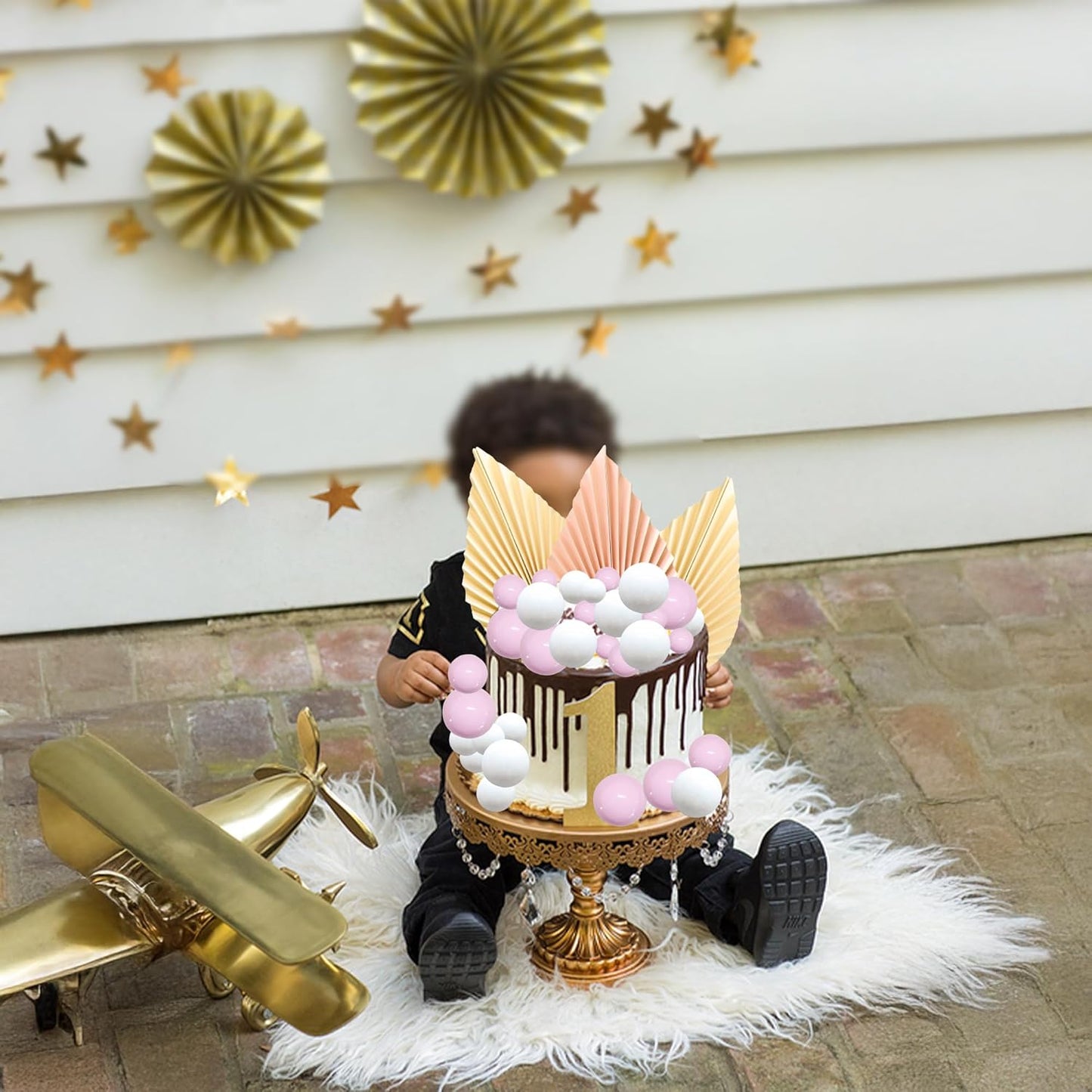 Ephlyn 28Pcs Paper Palm Fan Cake Topper Decorations Balls Cake Pick for Baby Shower Wedding Bridal Shower Birthday Party Cake Decorations Pink White