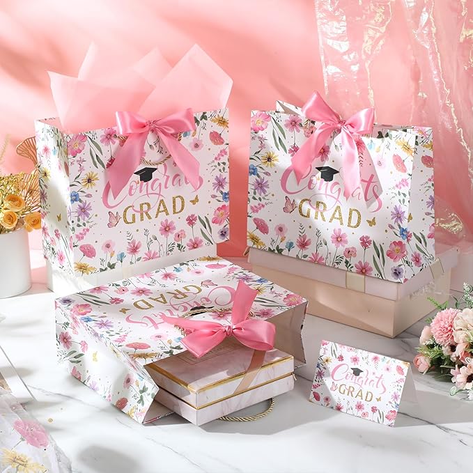 Maitys 12 Pack 13" Large 2026 Graduation Gift Bags Bulk with Handle, Tissue Papers, Cards, Ribbons Pink Class of 2026 Congrats Grad Wildflower Paper Wrapping Bag for College Graduation Party Supplies
