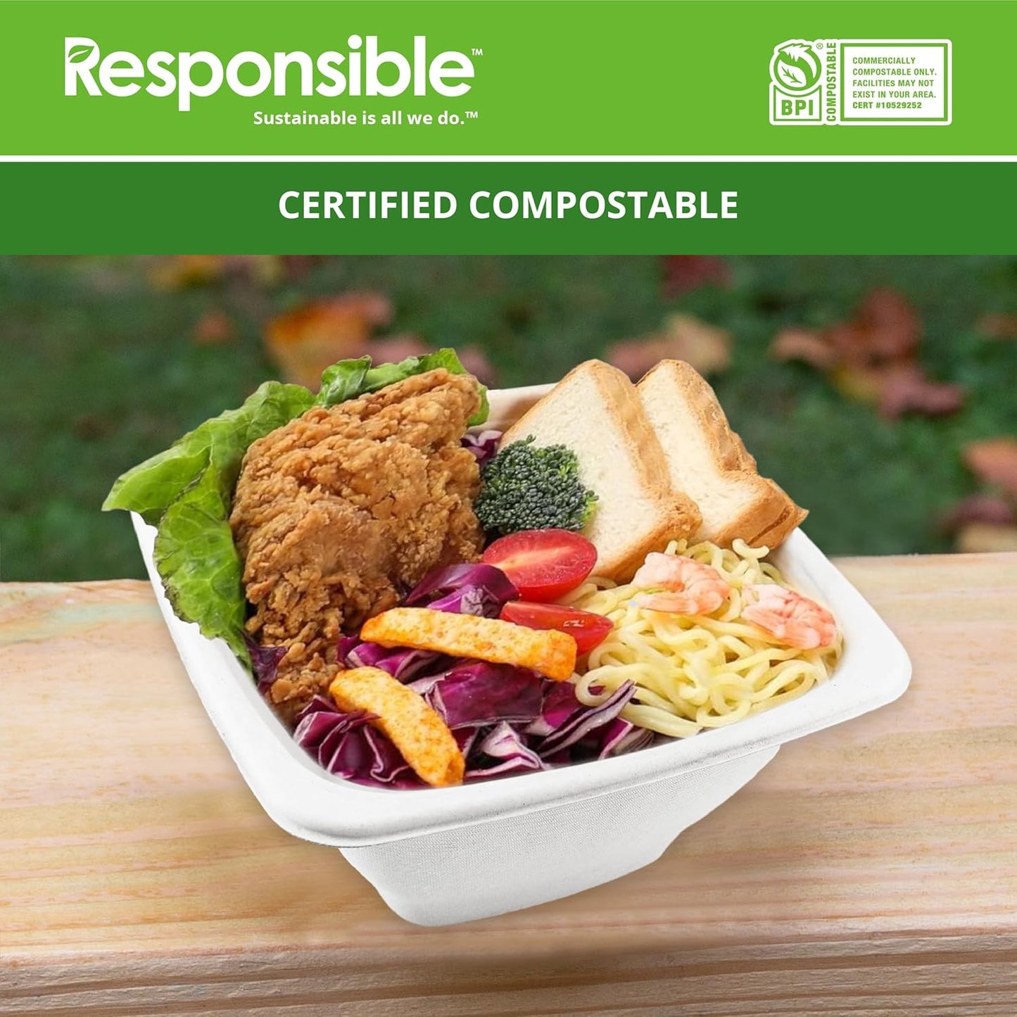 100% Compostable Square Serving Bowls, 48 oz Disposable Paper Bowls, Microwave Safe, Freezer Safe, Soup Safe, No Plastic, Eco-Friendly, Tree-Free, No PFAS. White (200 Count)