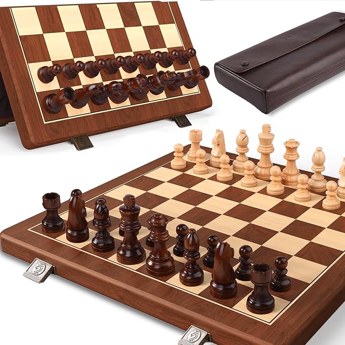 15 Inch Walnut Magnetic Chess Board Set for Adults Kids Wooden Chess, Folding Portable Travel Chess Game for Tournament Professional Beginner