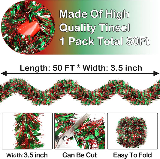 50 Feet Christmas Tinsel Garland Metallic Tinsel Garland Christmas Tree Decorations for Christmas Party Supplies Indoor and Outdoor Decor (Red and Green)