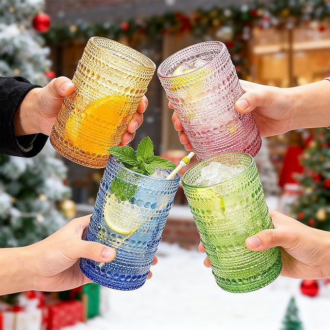 ZOOFOX Set of 6 Vintage Drinking Glasses, 12 Oz Colored Hobnail Glasses Tumbler, Embossed Design Glass Tumblers Set for Water, Beverages, Juice, Beer, Cocktail, Whiskey, Milk